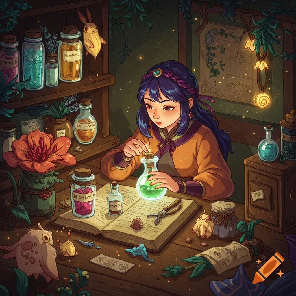 Anime style illustration of a girl doing alchemy with bottles and magical creatures.