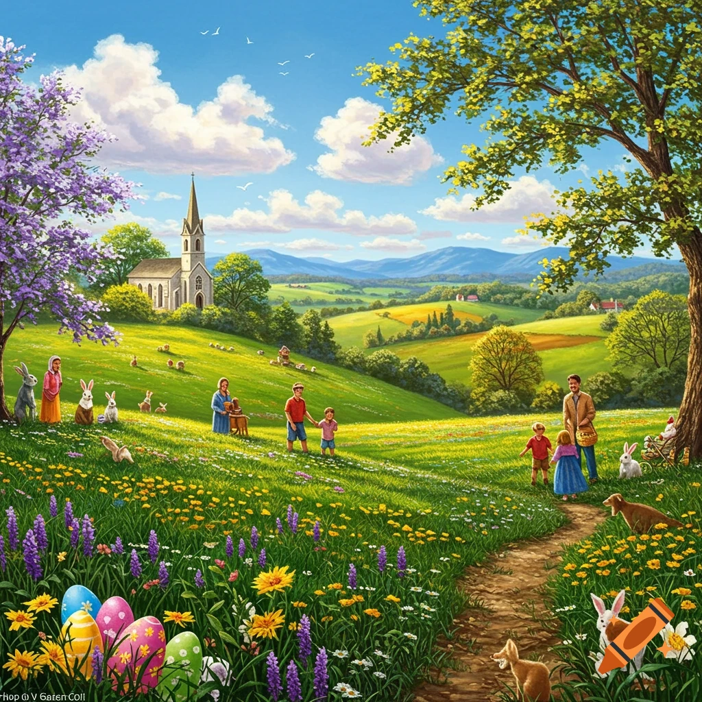 A vibrant spring landscape painting shows people and bunnies in a field with Easter eggs and a church in the distance.