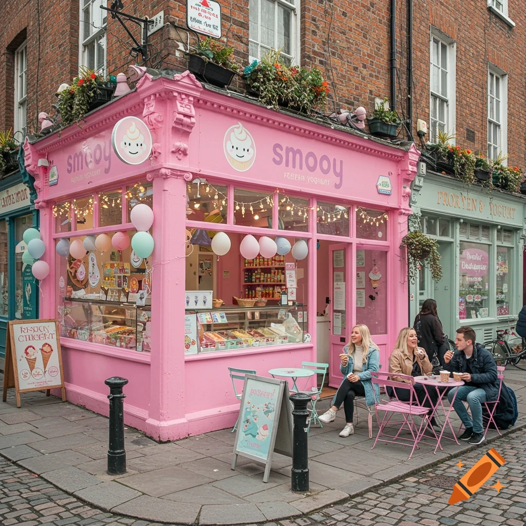 A bright pink frozen yogurt shop called Smooy on a cobblestone street corner, with people sitting outside at tables.