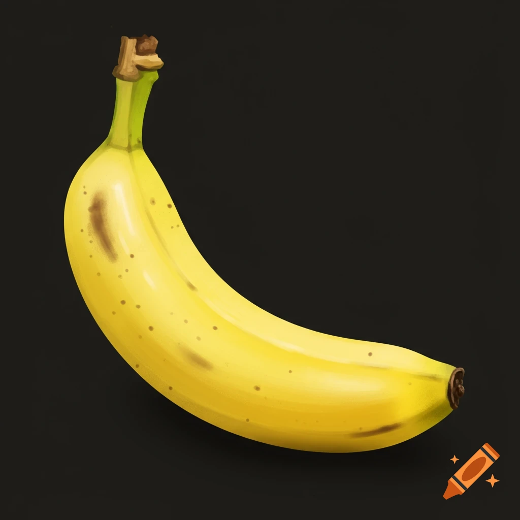 A ripe yellow banana with brown spots is on a black background.