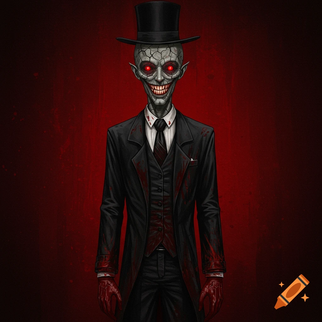 A creepy humanoid figure with red eyes, sharp teeth, and blood splatter on its suit and hands.
