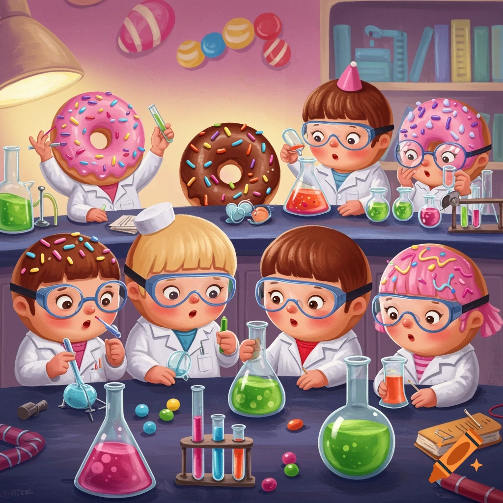 Donut children scientists in a colorful lab