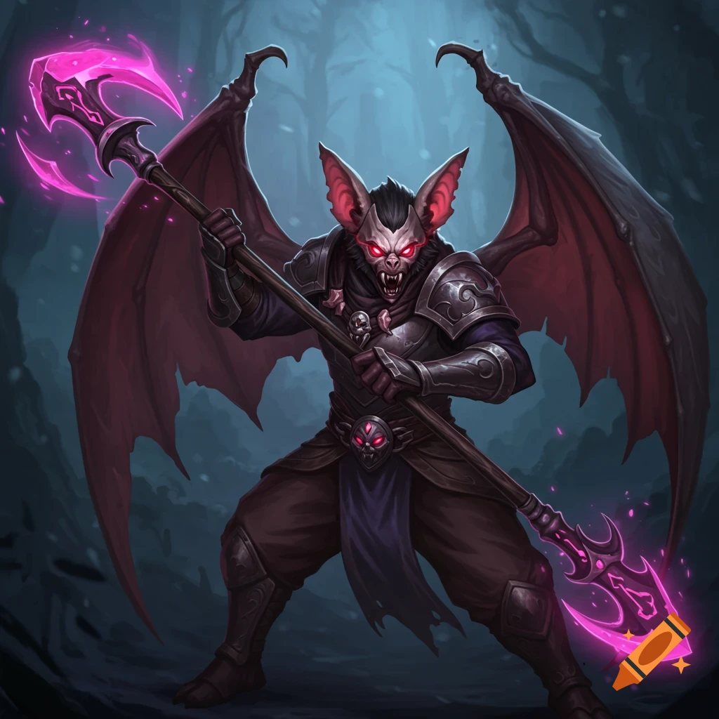 A bat warrior in armor holding a glowing staff in a dark forest.