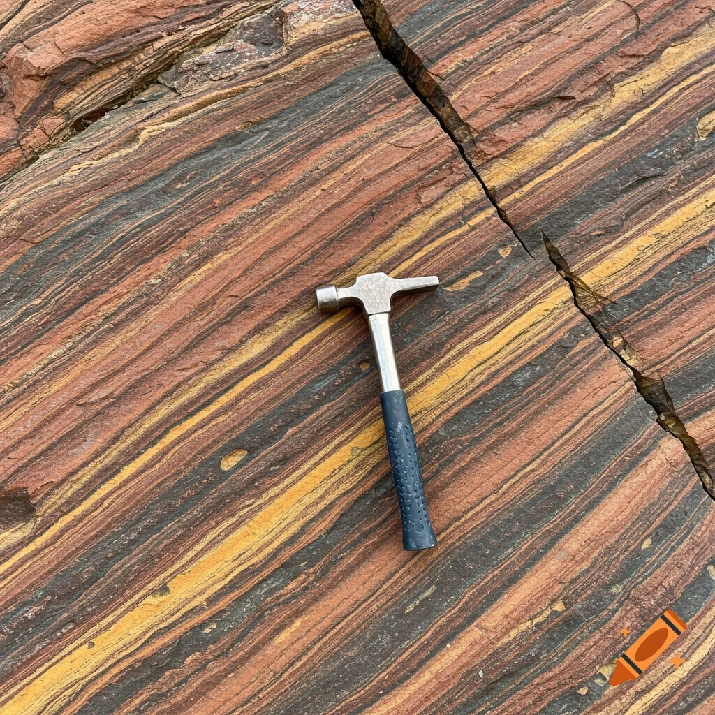 A rock hammer lies on a layered rock face with red, black, and yellow stripes and a crack.