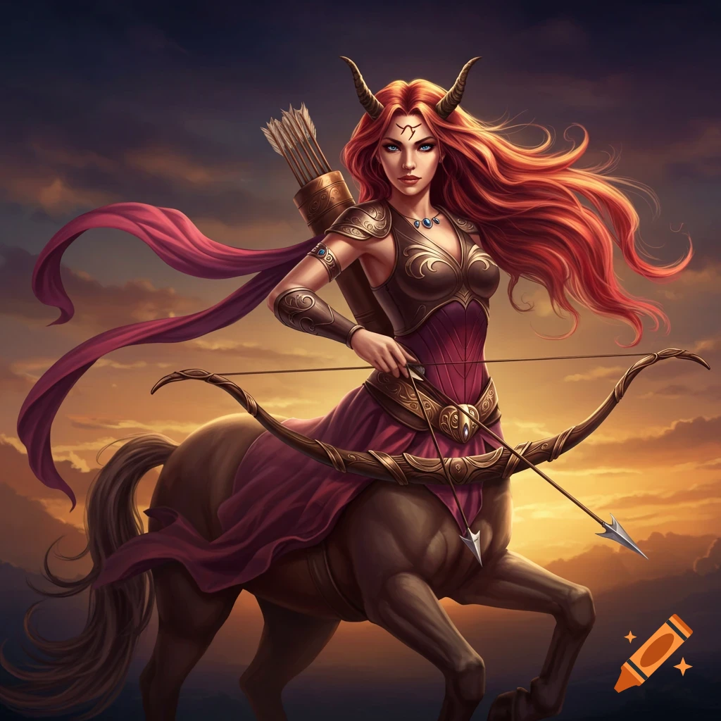A centaur archer woman with flowing red hair and a bow, against a sunset sky.