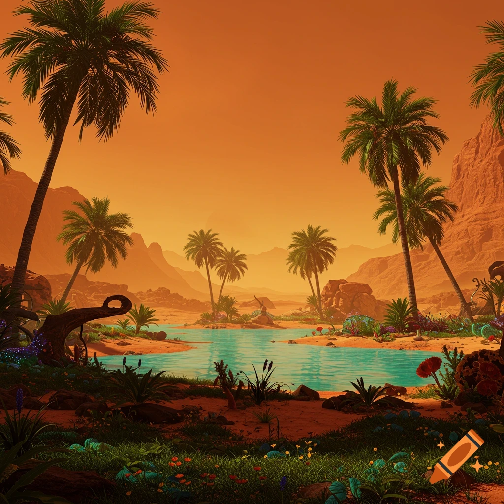 A vibrant oasis with palm trees and water under an orange sky on a Martian landscape.