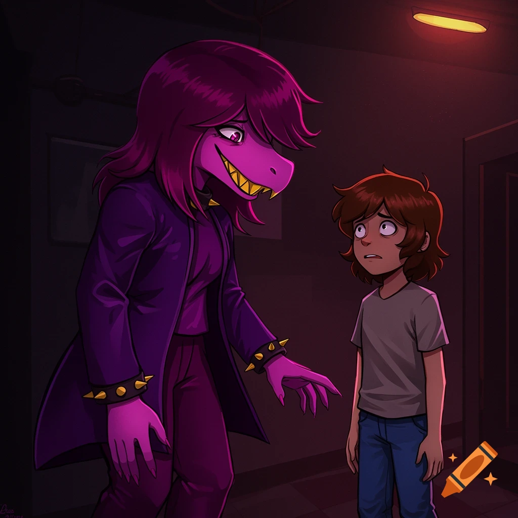 A purple dinosaur character looms over a scared boy in a dark hallway, in a dramatic scene.