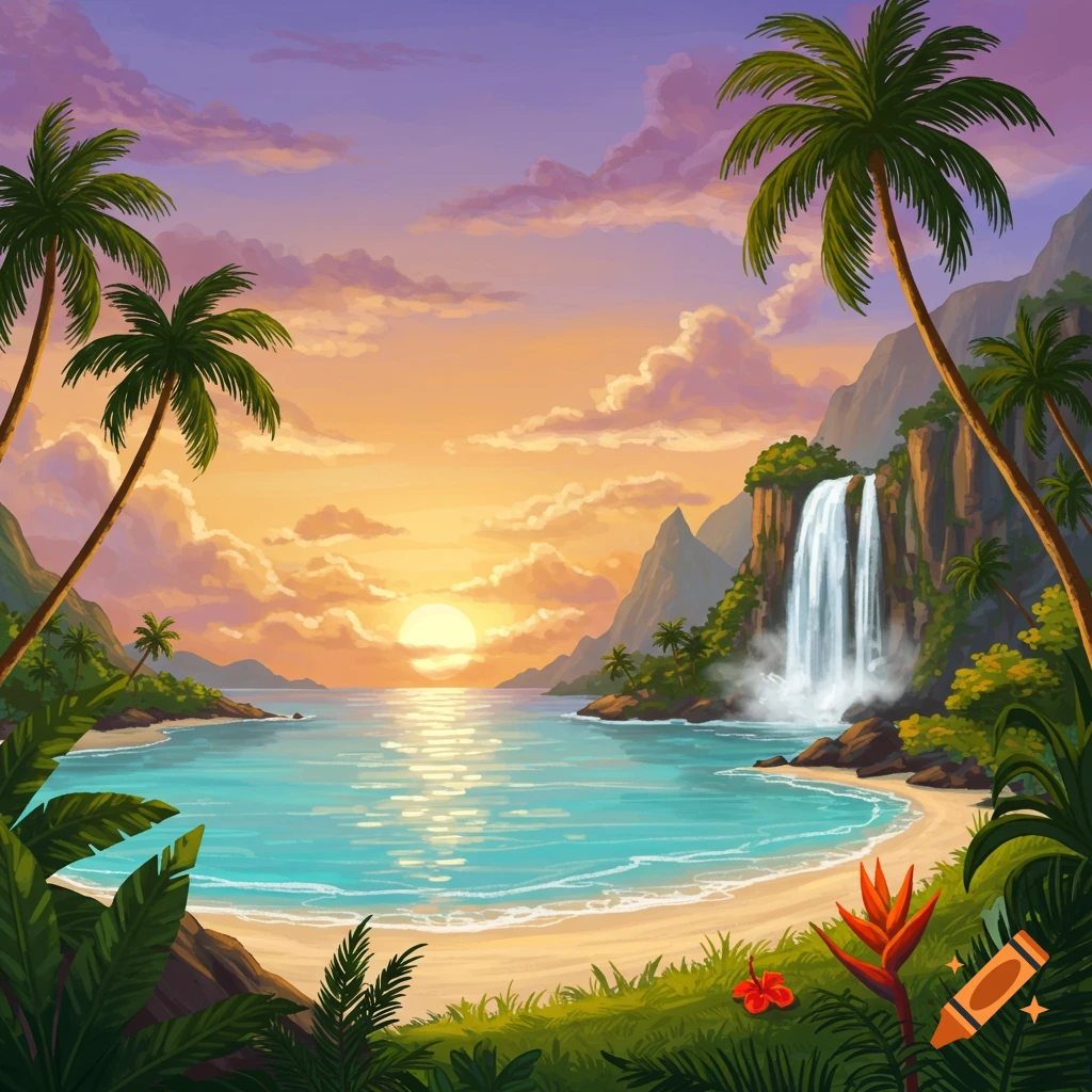 A tropical beach with palm trees, waterfall, and sunset.