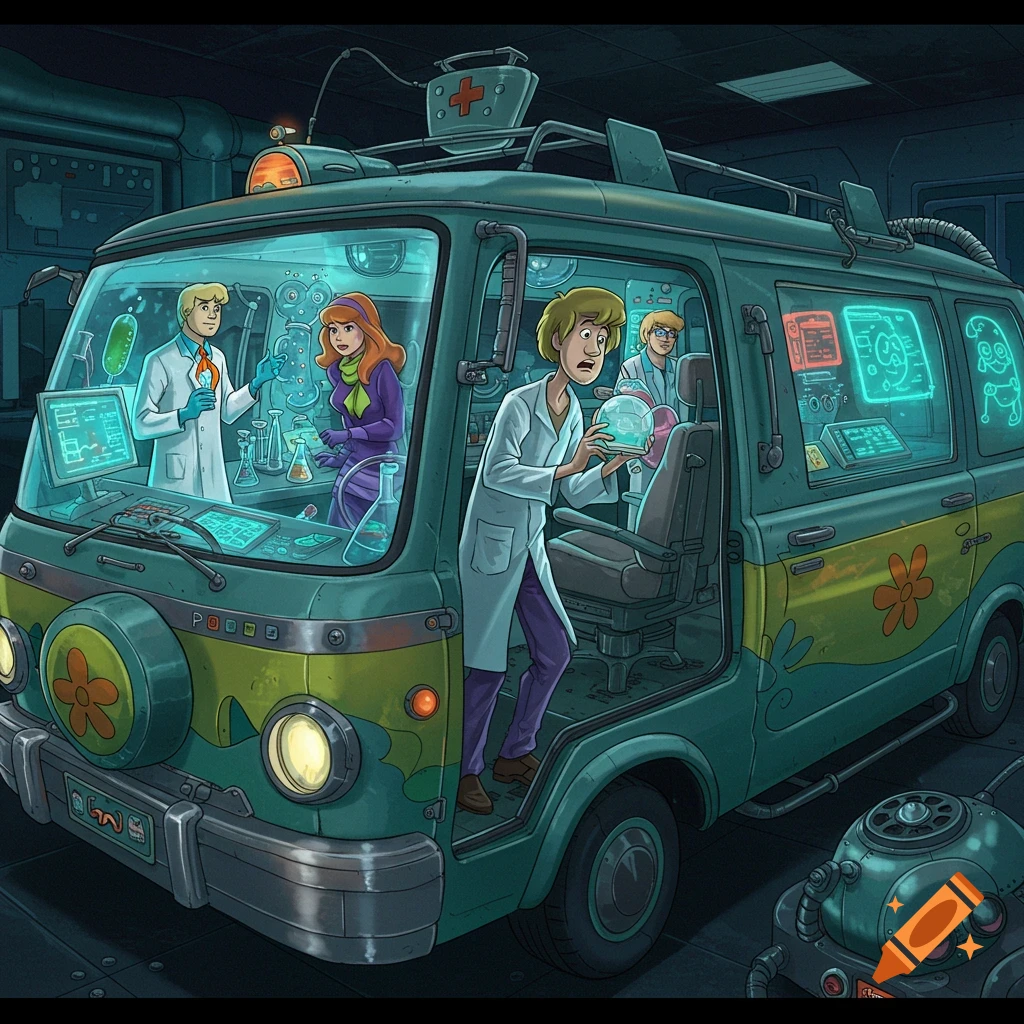 The Scooby-Doo gang working in a medical lab inside the Mystery Machine van.