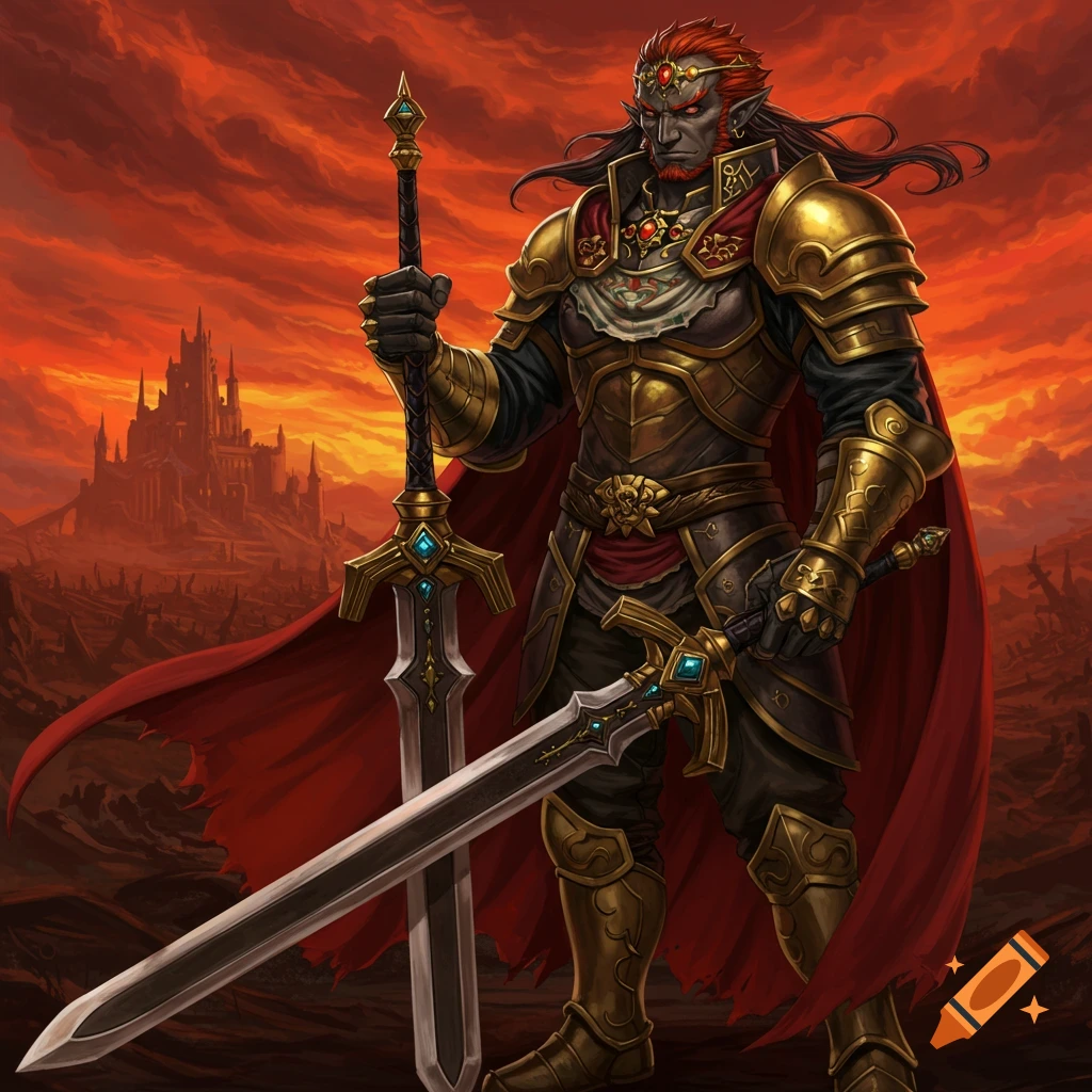 A fantasy character in golden armor holds two swords, standing before a ruined castle under a fiery sky.