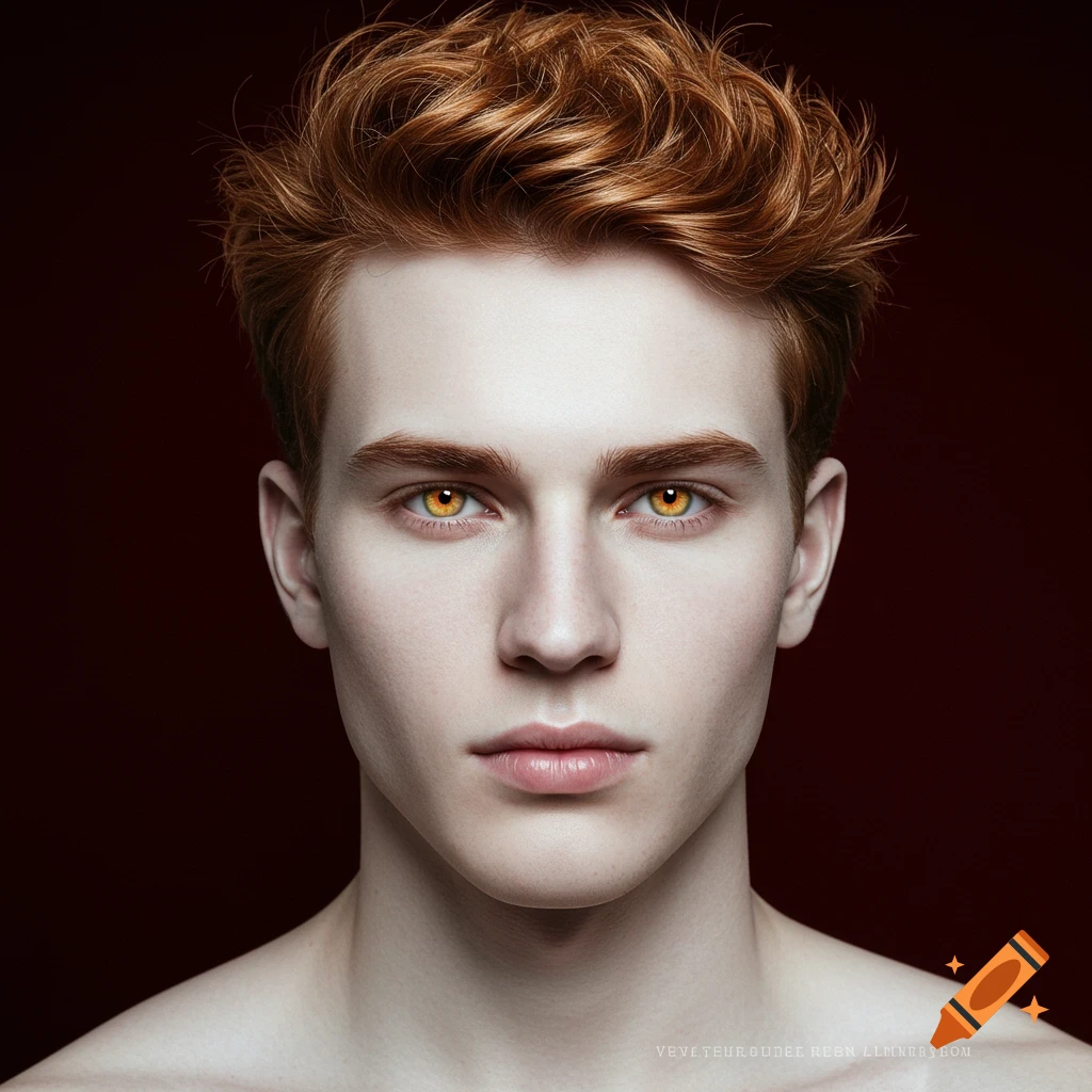 Close-up portrait of a pale man with red hair and bright orange-gold eyes.