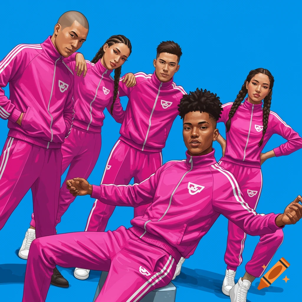 A group of diverse people wearing matching pink tracksuits with logos against a blue background.