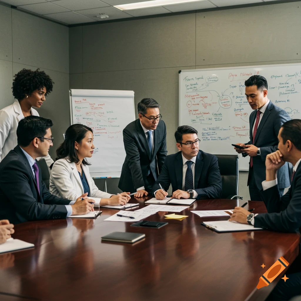 A group of professionals attend a business meeting around a conference table with whiteboards.