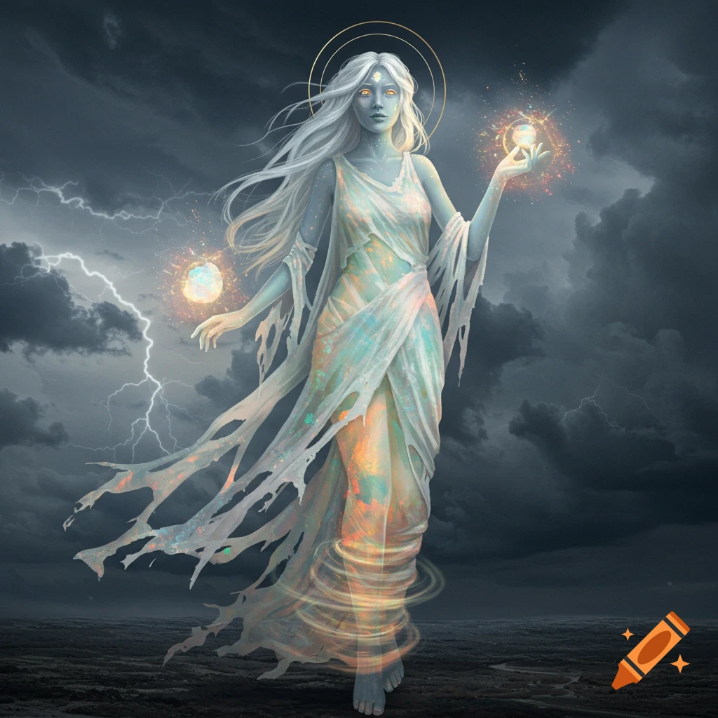 Fantasy figure with white hair and glowing eyes in iridescent torn robe holding magical orbs during a stormy lightning sky.