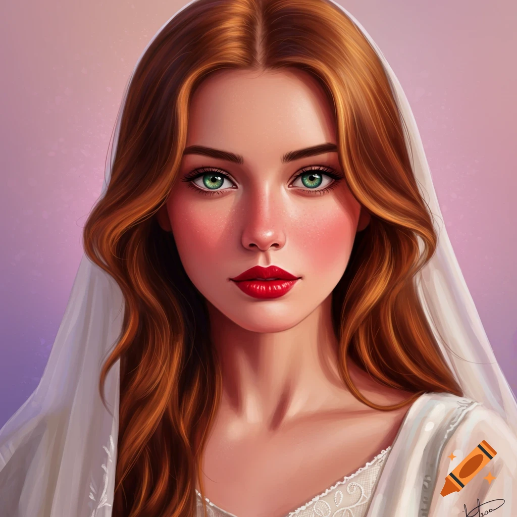 A woman with red hair, green eyes, and a white veil.