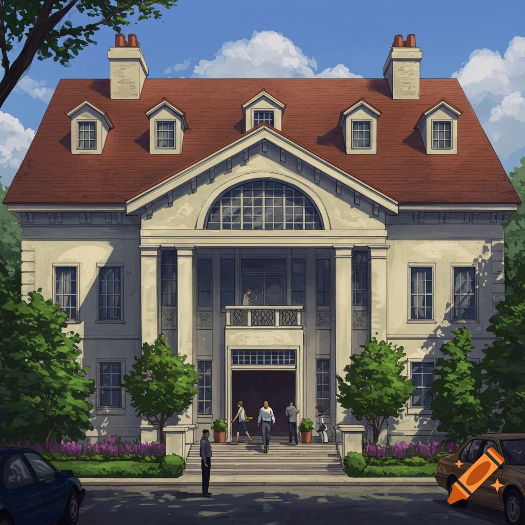 A grand house with a red roof and columns, with people walking on the steps.