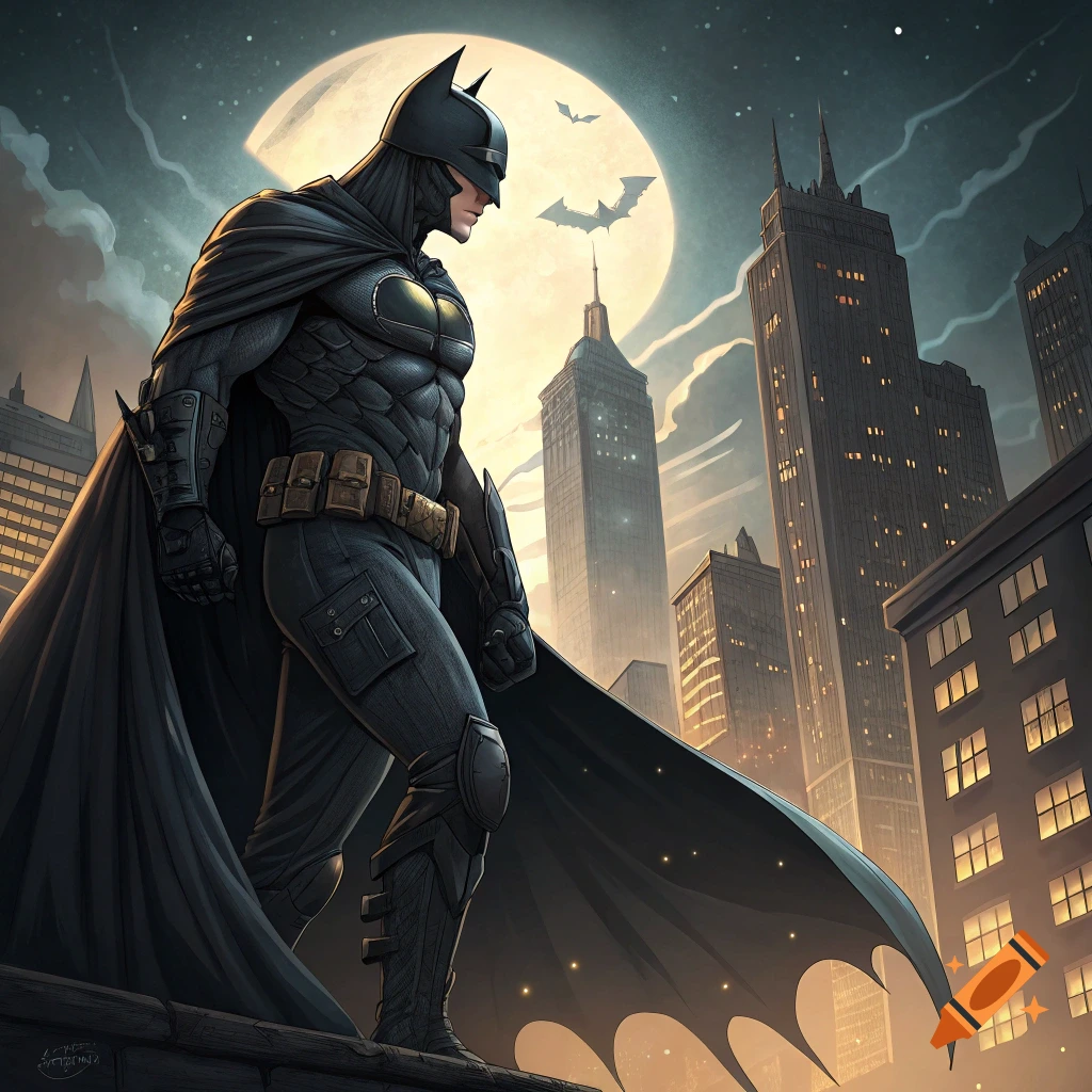 Batman stands on a Gotham rooftop overlooking the city at night, full moon behind him, illustration.