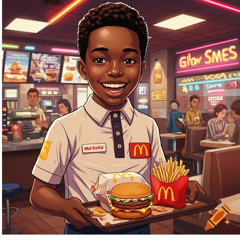 A young Black boy in a McDonald's uniform smiles while holding a tray with a burger and fries in a busy, vibrant pop art style restaurant.