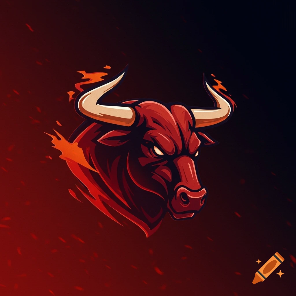 Stylized red bull head logo with flames against a dark background.