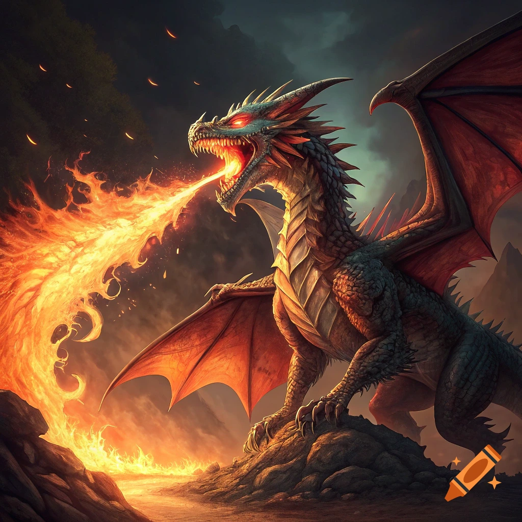 A fearsome dragon breathes a stream of fire in a dark, rocky landscape.
