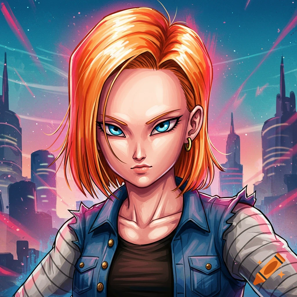 Android 18 against a city skyline