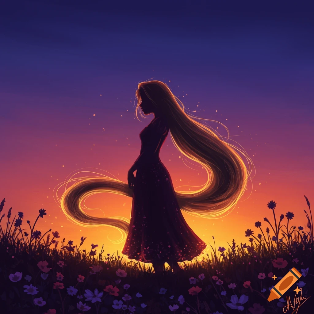 Silhouette of a woman with long flowing hair in a flower field against a sunset
