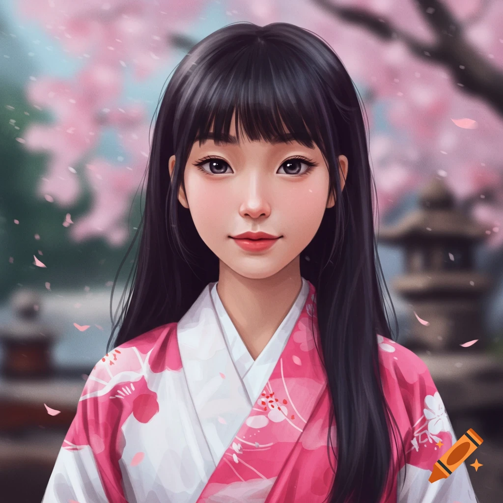 Asian woman in a pink and white kimono standing among cherry blossoms near a stone lantern.