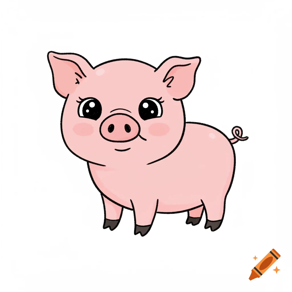 A cute cartoon illustration of a pink piglet.