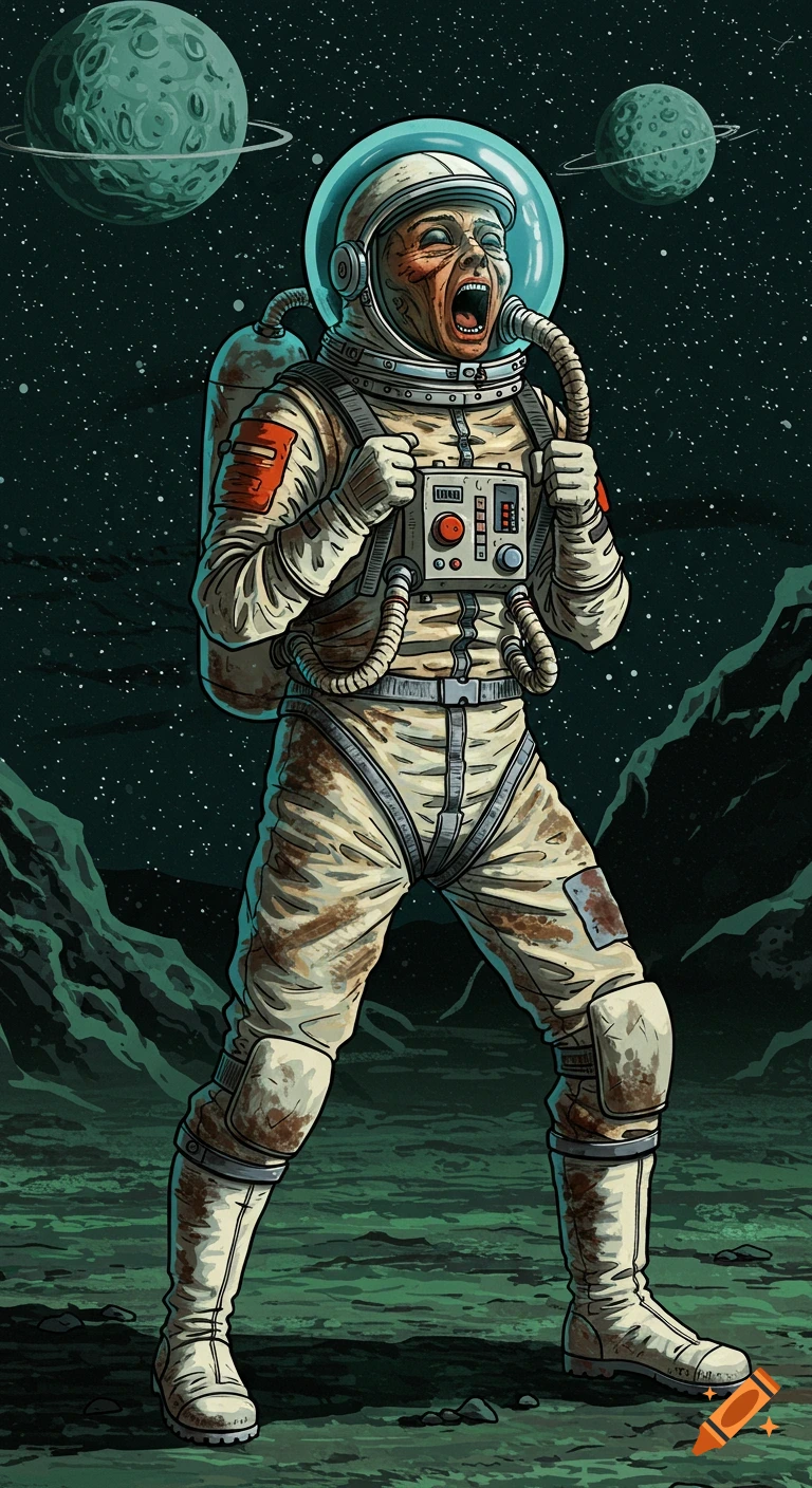 Retro sci-fi illustration of a screaming astronaut on an alien planet.