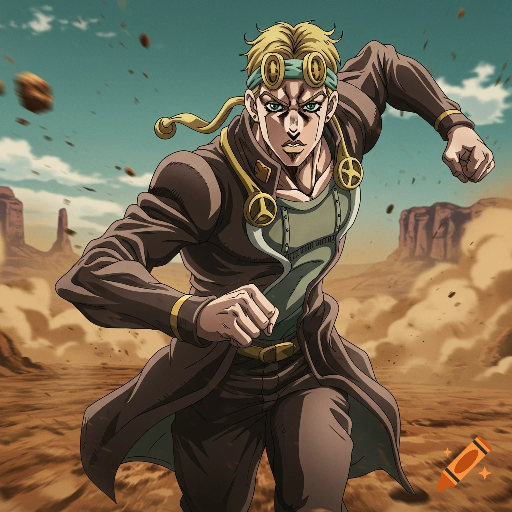 Anime character running through a dusty desert landscape.