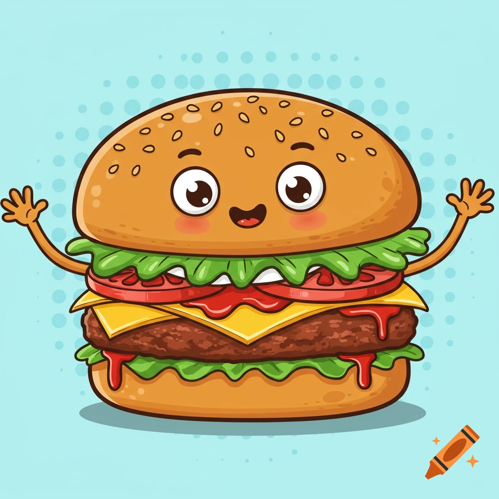 Cartoon burger with a smiling face and arms raised