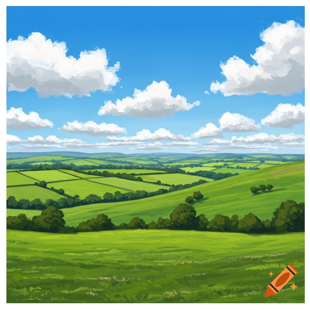 A landscape shows green rolling hills and fields under a blue sky with white clouds.