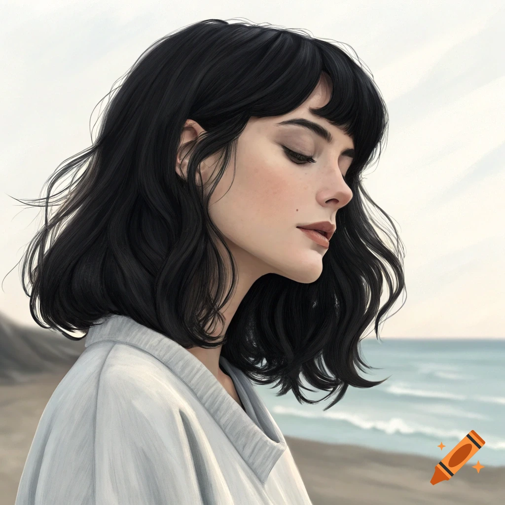 Digital portrait of a woman with black hair looking down at a beach.
