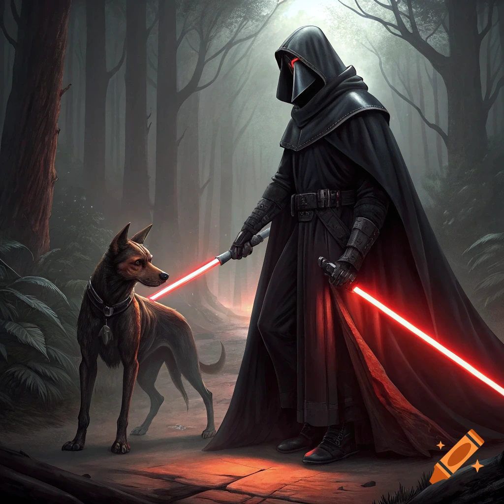 A figure resembling a Sith Lord stands with a dog on a forest path, holding red lightsabers.