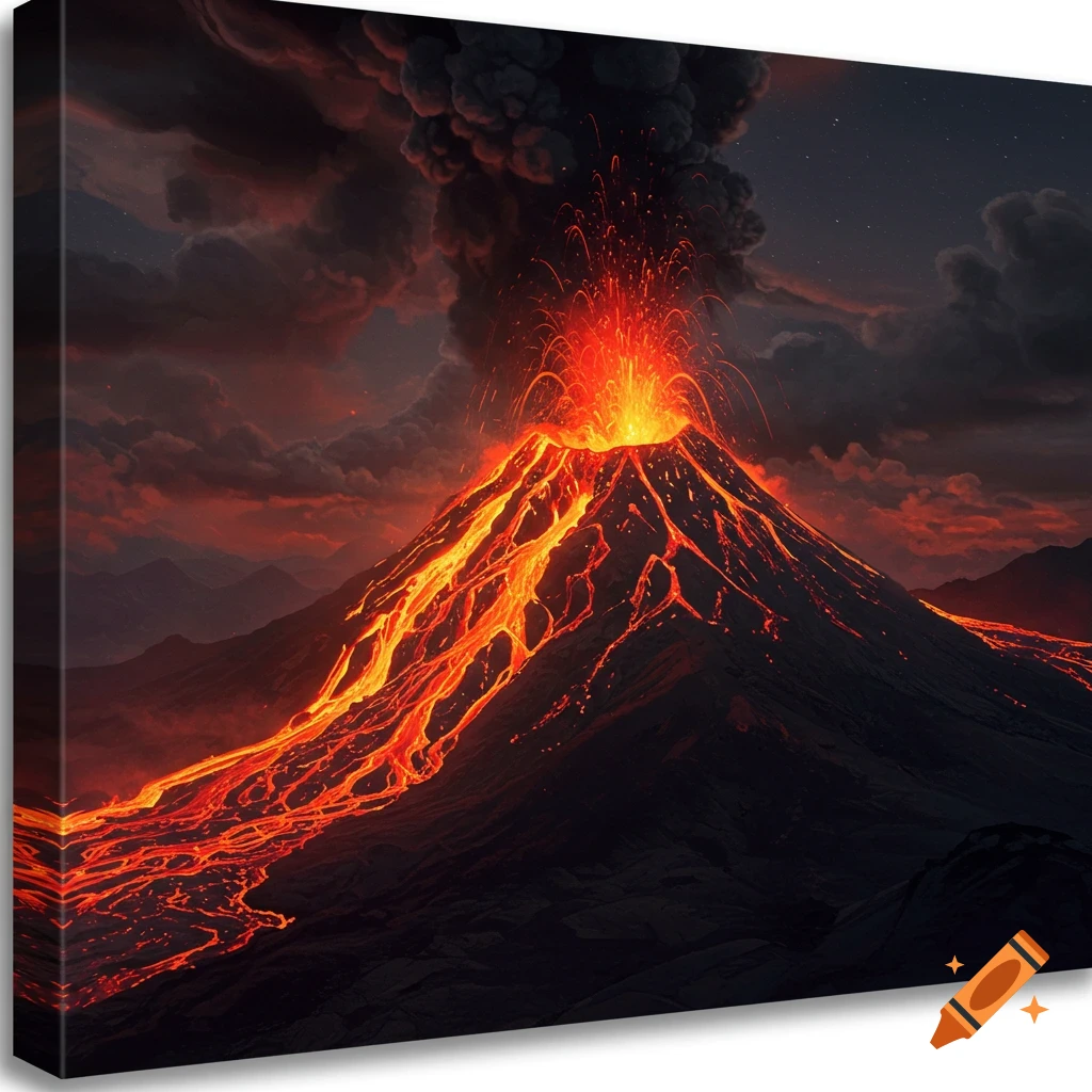 An erupting volcano with lava flowing down its sides at night.