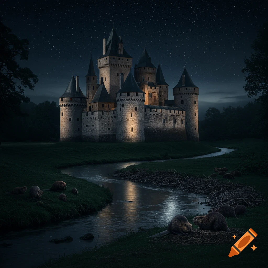 A fantasy castle stands by a river at night under a starry sky, with beavers on the banks.