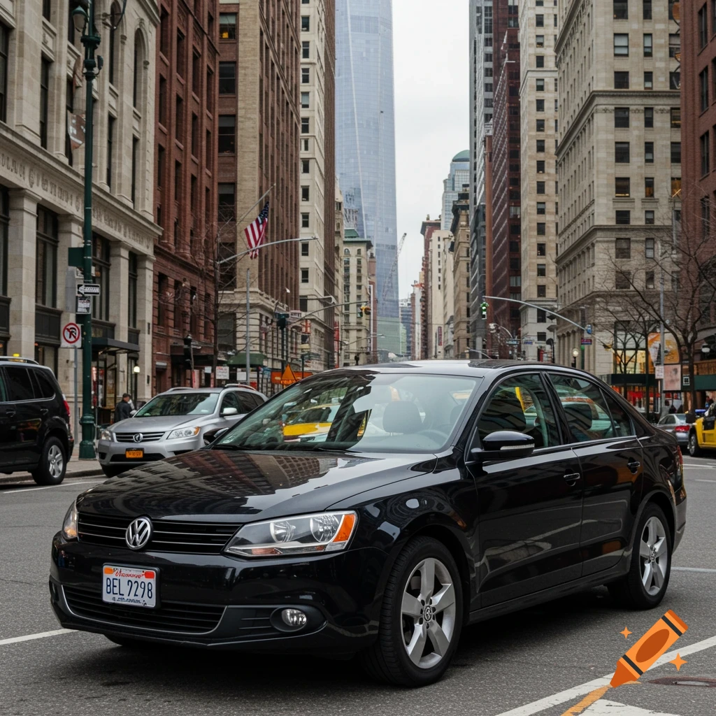 A black Volkswagen Jetta parked on a city street with tall buildings in the background.