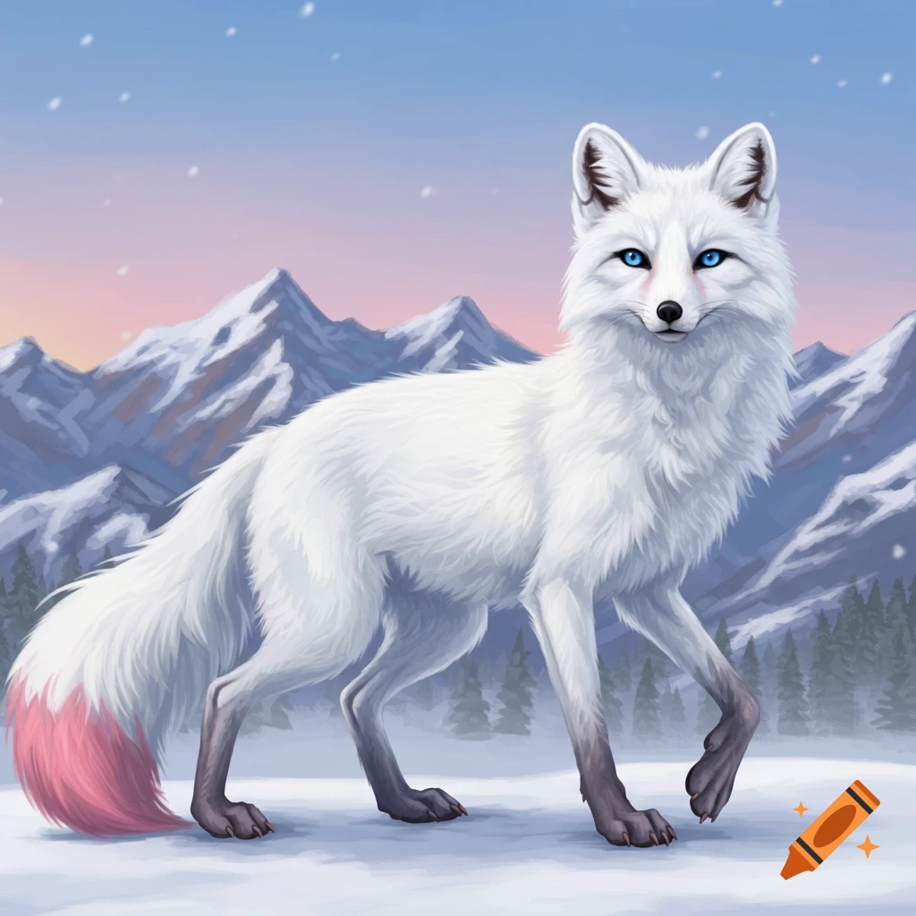A white arctic fox with blue eyes and a pink-tipped tail walks in a snowy mountain landscape.