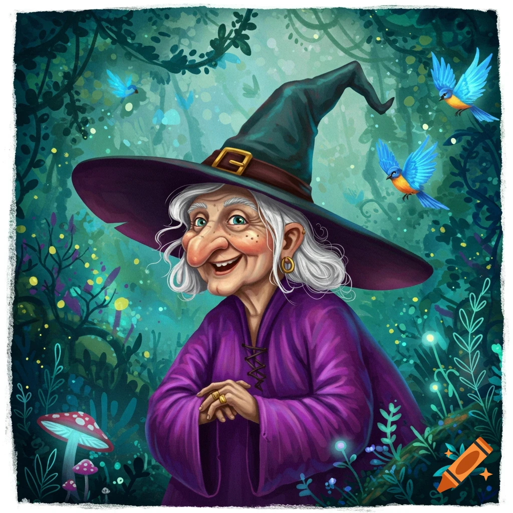 Smiling old witch in a purple robe and hat in a whimsical forest with blue birds and mushrooms.