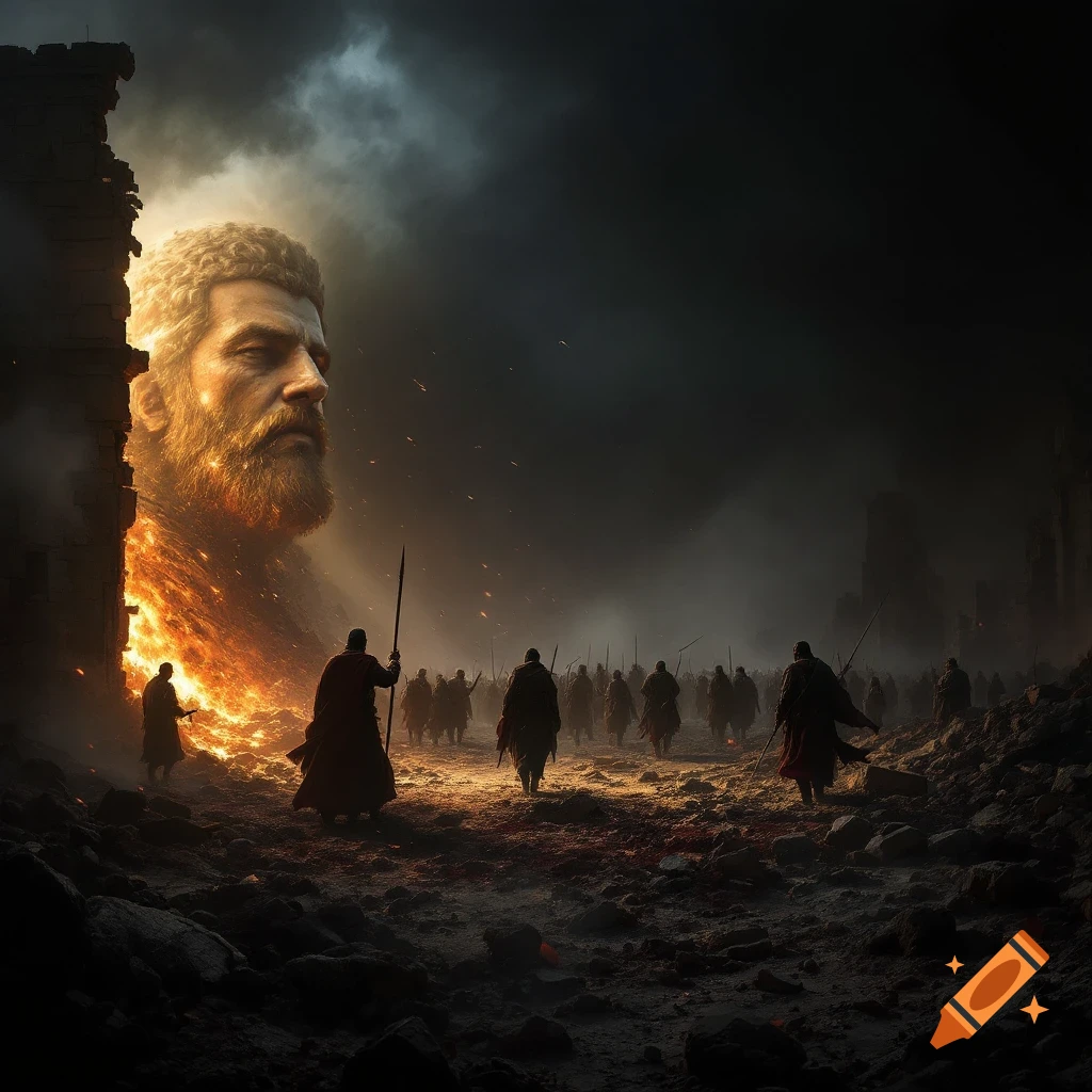 Giant bearded head in sky over soldiers in dark, smoky, fiery battlefield.