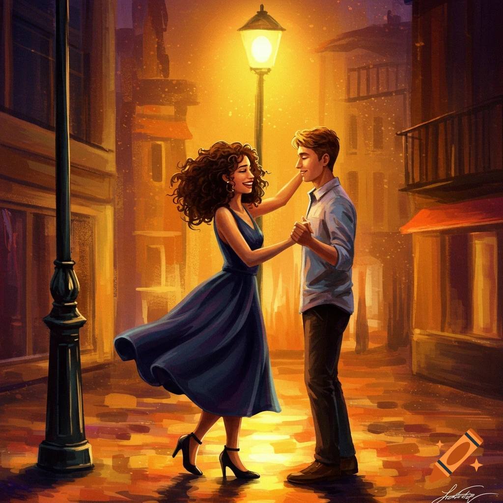 A couple dances under a street light on a wet city street.