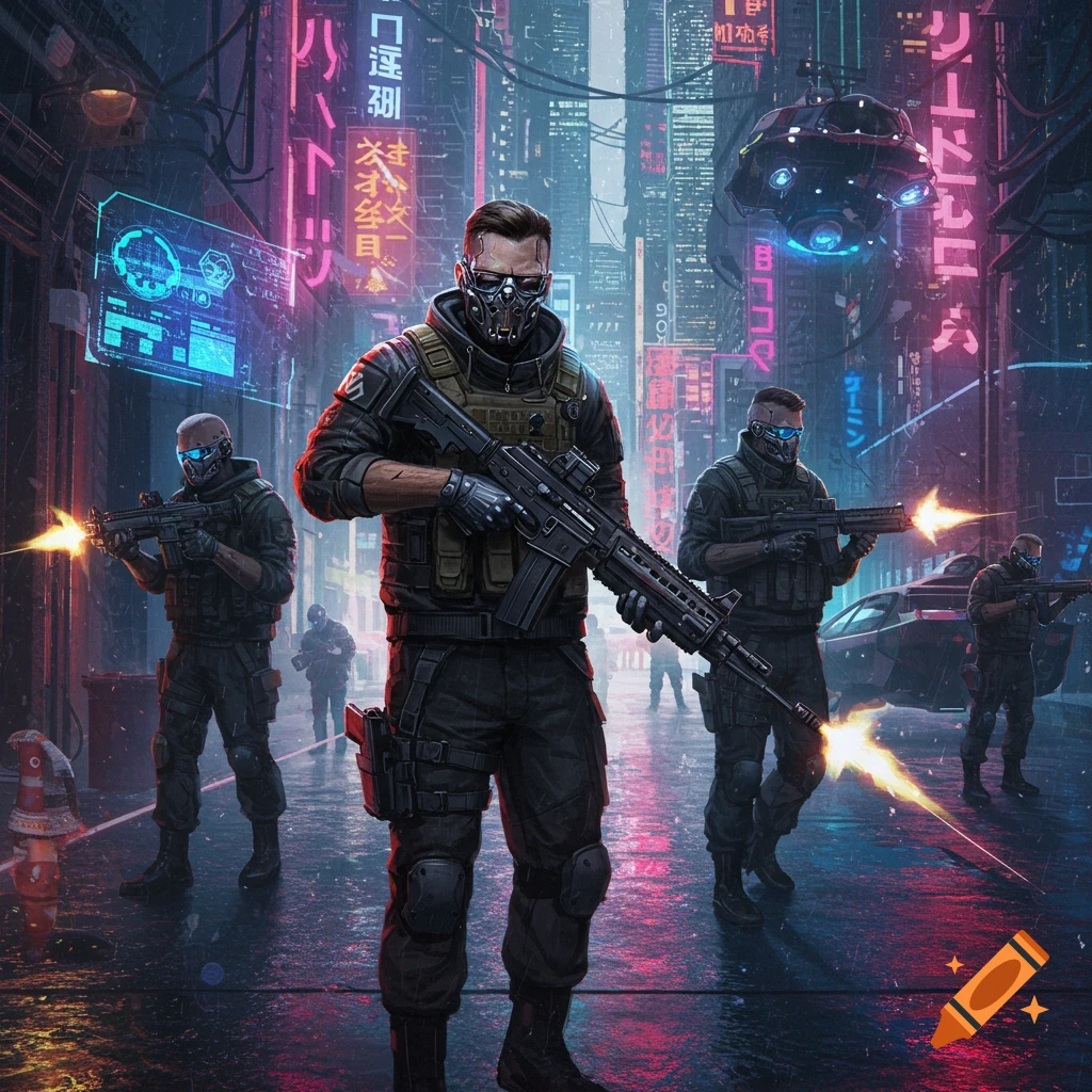 Armored figures firing weapons in a neon cyberpunk city street.