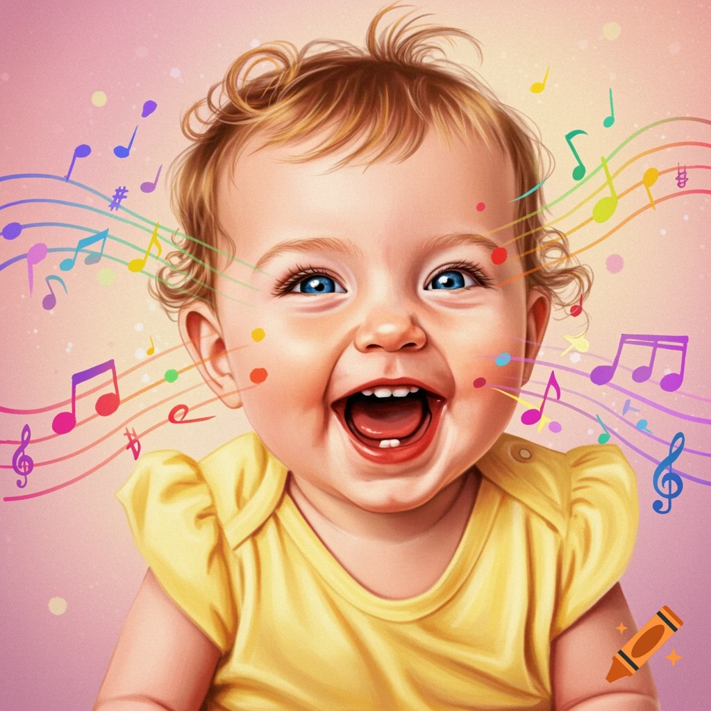A laughing baby surrounded by colorful musical notes.