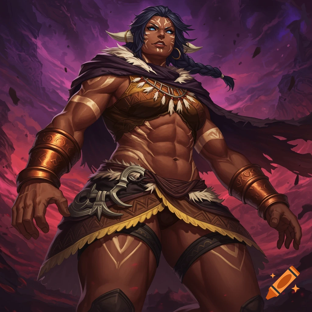 Muscular female fantasy character with tribal markings and cape.