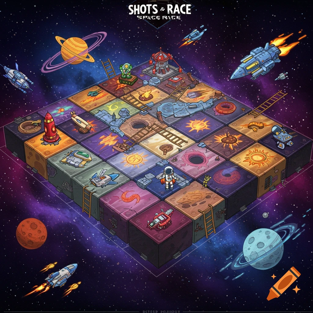 An isometric space-themed board game illustration with planets, spaceships, astronauts, and game squares.