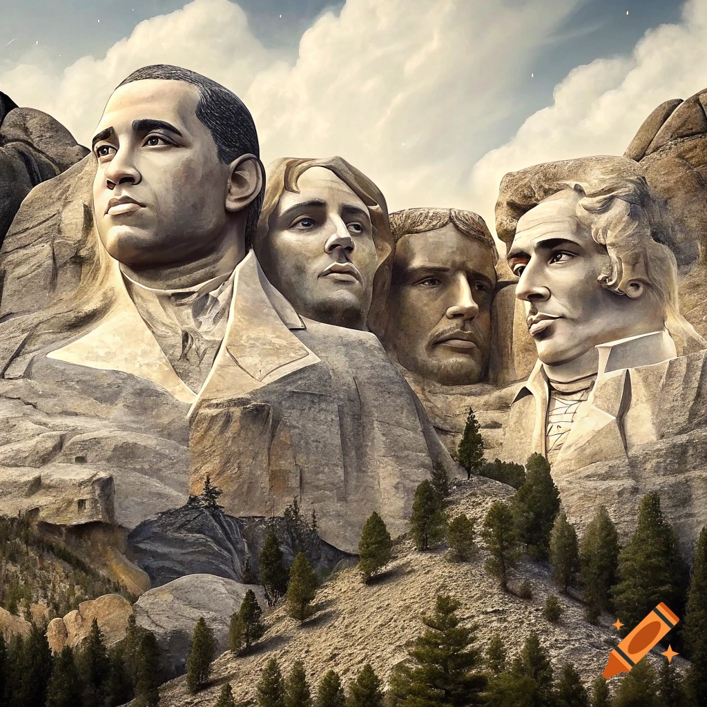 A Mount Rushmore-style mountain carving featuring faces resembling Diddy, Drake, Michael Jackson, and Jay-Z.