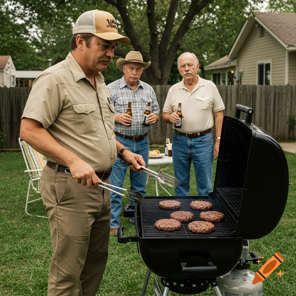 Men grilling burgers in a backyard while others drink beer.