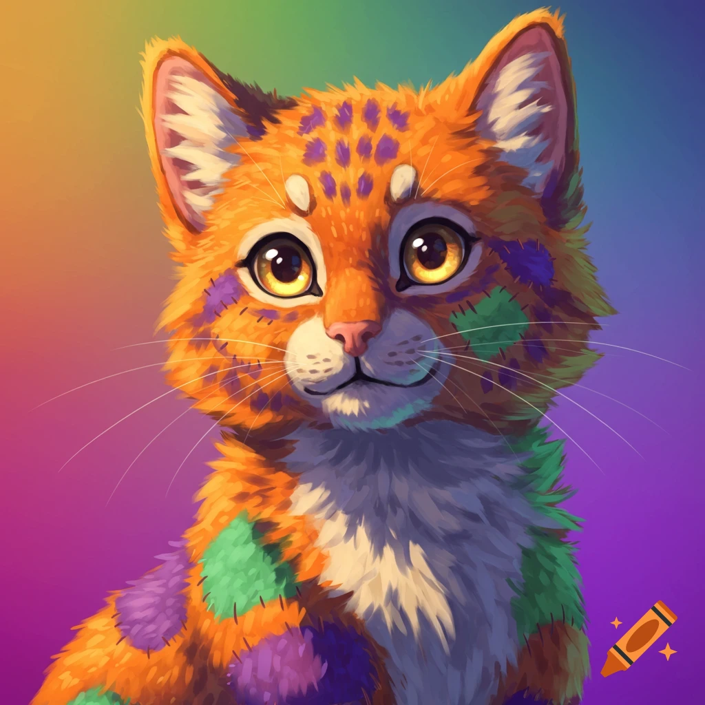 A cute orange cat with colorful patchwork fur patches.