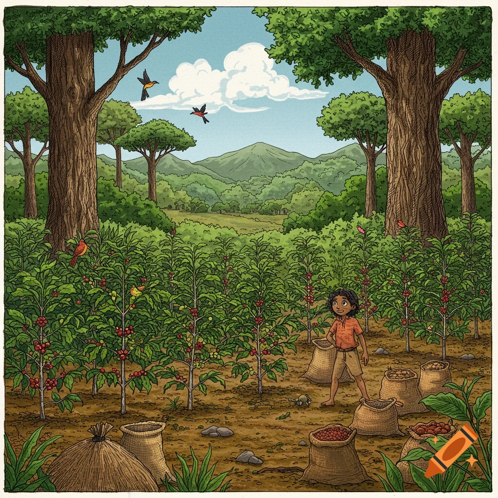 Illustration of a child in a coffee field with birds, trees, and mountains.