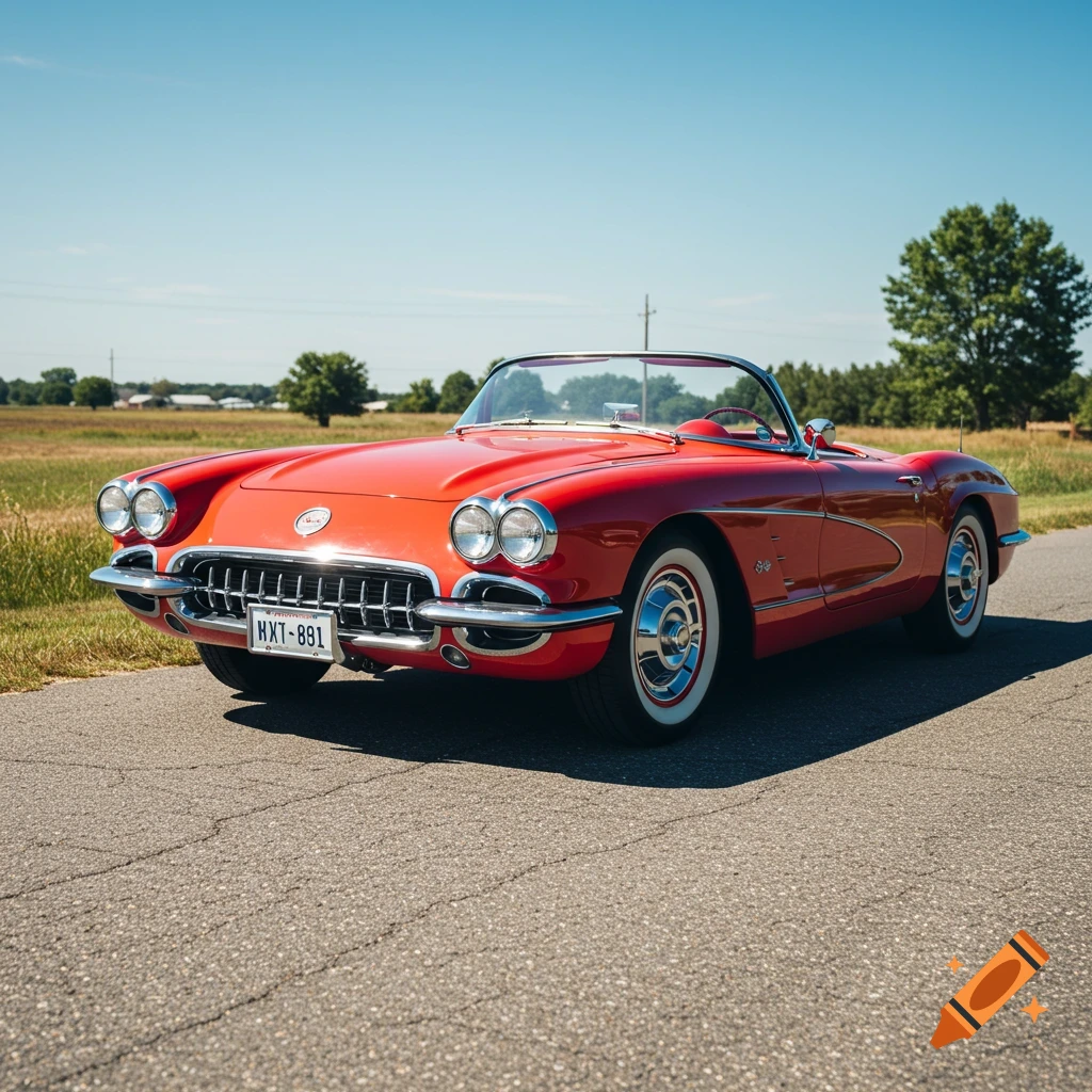 Red classic convertible car on a rural road.